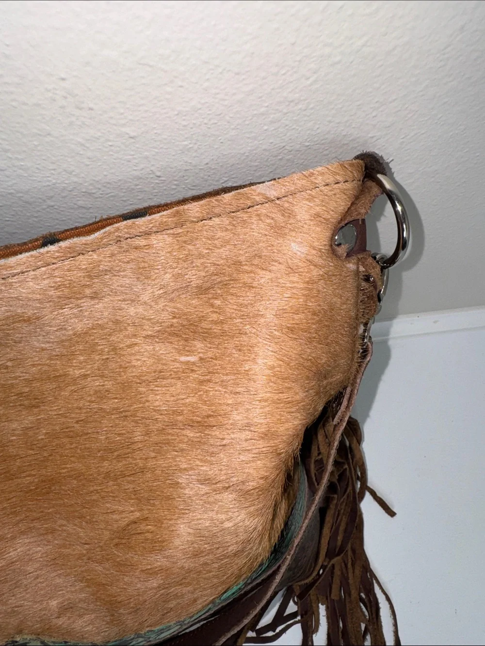 Brown and Tan Leather Fringe Hobo Bag with Turquoise Accent